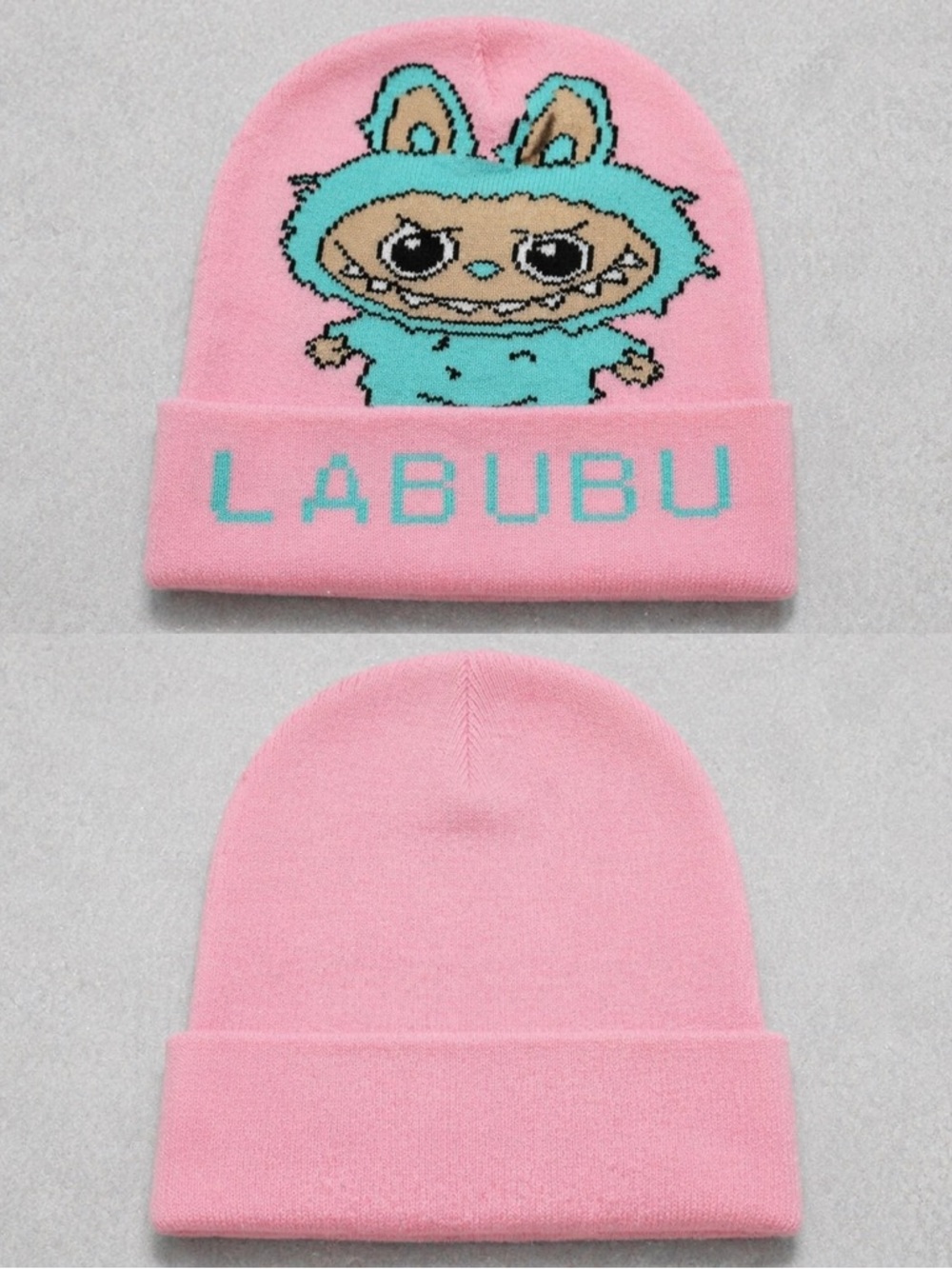Labubu Pink Knit Beanie Hat Character Graphic Winter Cap NWT